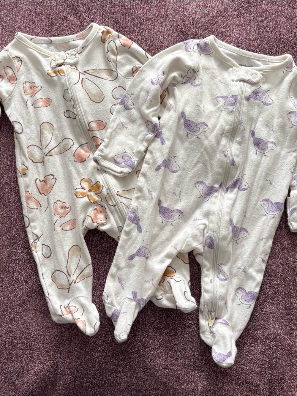 Carter's White Footed One-Piece Sleepers with Floral & Bird Prints (2-Pack)